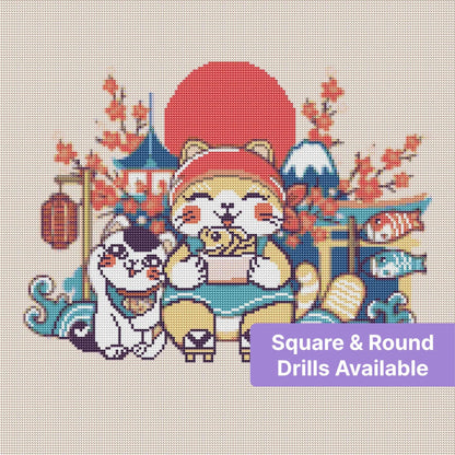 Cute Japanese-style cat scene with cherry blossoms, lanterns, koi fish, and waves