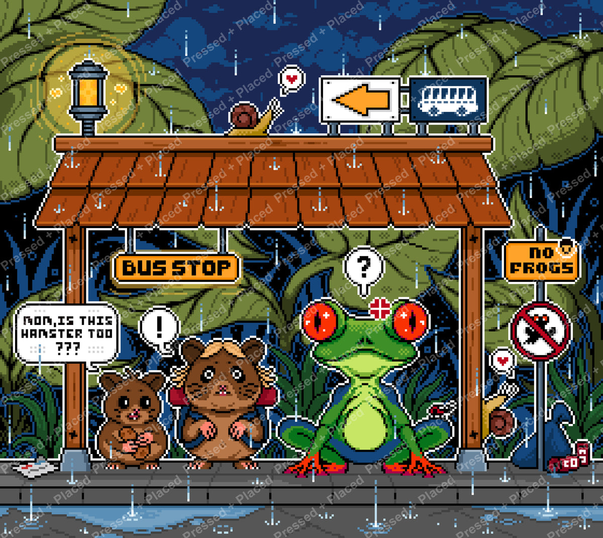 Pixel art jungle bus stop scene with frogs, animals, and rainy tropical signs