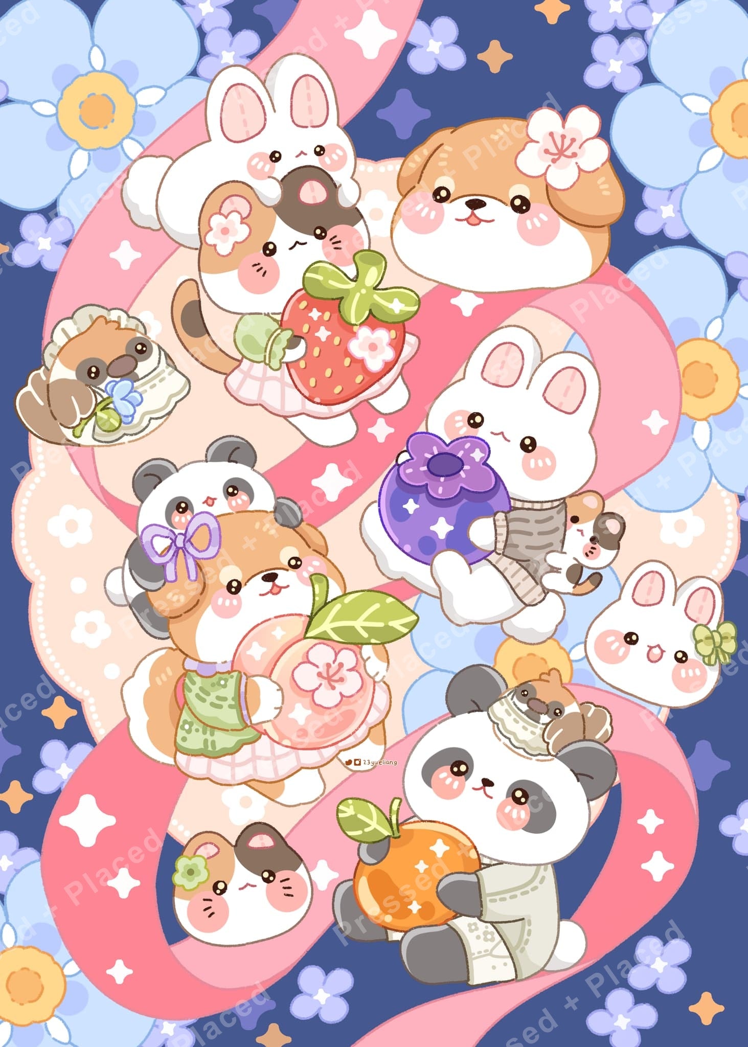 Cute kawaii animal friends with flowers and fruit in a pastel cartoon style