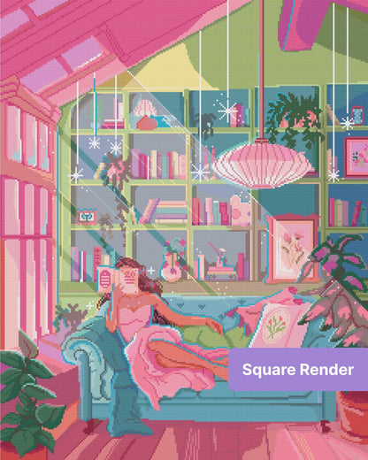 Pastel reading room scene with a woman on a sofa, bookshelves, plants, and a pink pendant lamp