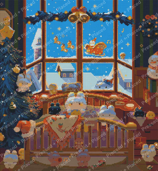 Whimsical winter cat scene with snowy window, Christmas decor, and cozy festive colors