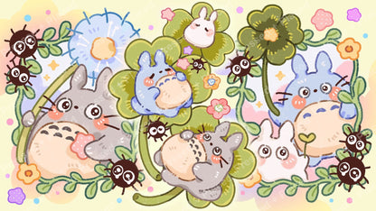 Cute pastel bunny garden scene with flowers, whimsical bugs, and cartoon-style characters