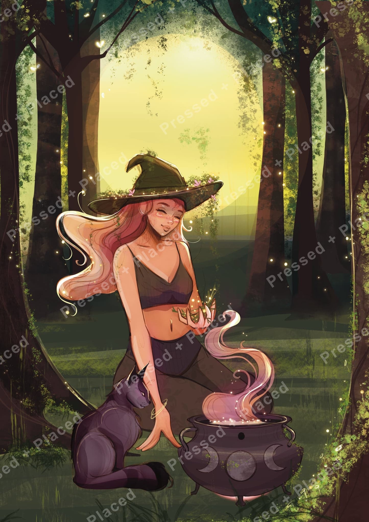 Fantasy witch in a glowing forest beside a cauldron, with pink hair and soft magical lights