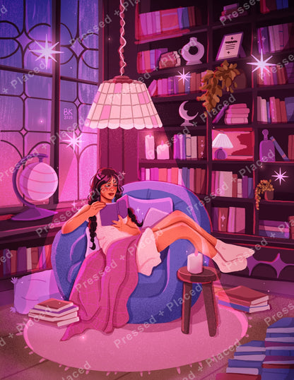 Cozy illustrated reading room with bookshelves, candles, and a woman reading in a purple-pink fantasy style