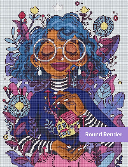 Illustrated blue-haired girl with glasses, flowers, and house pendant in a vibrant portrait style