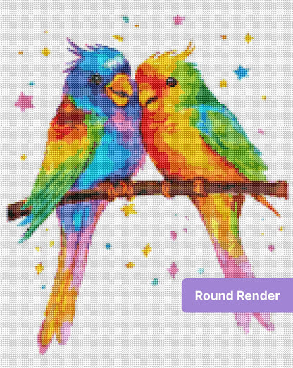 Two rainbow parrots perched on a branch in a whimsical watercolor style