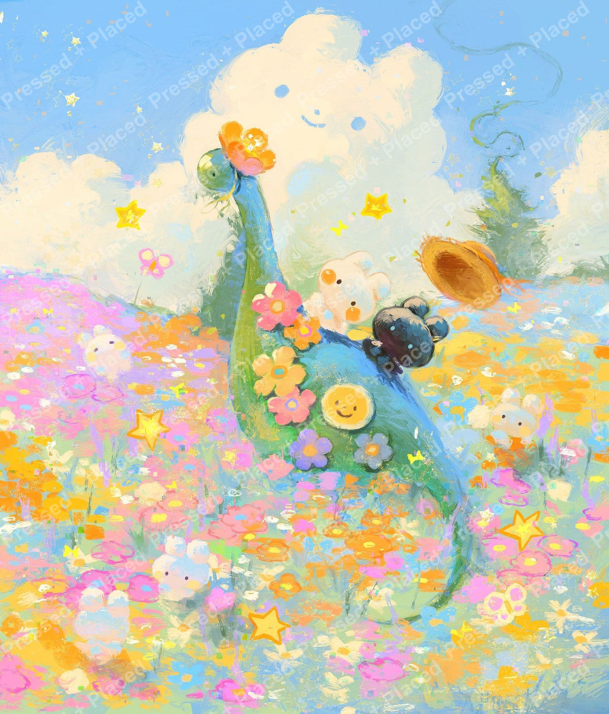 Whimsical dinosaur in a pastel flower field with clouds, stars, and playful fantasy details