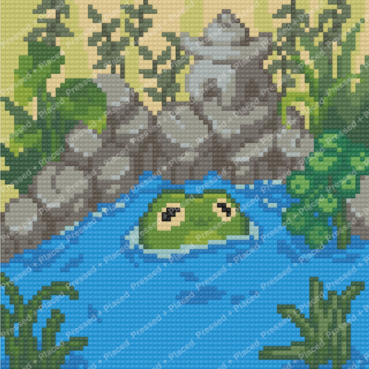 Green frog floating in a blue pond with rocky banks and lush greenery, diamond art style