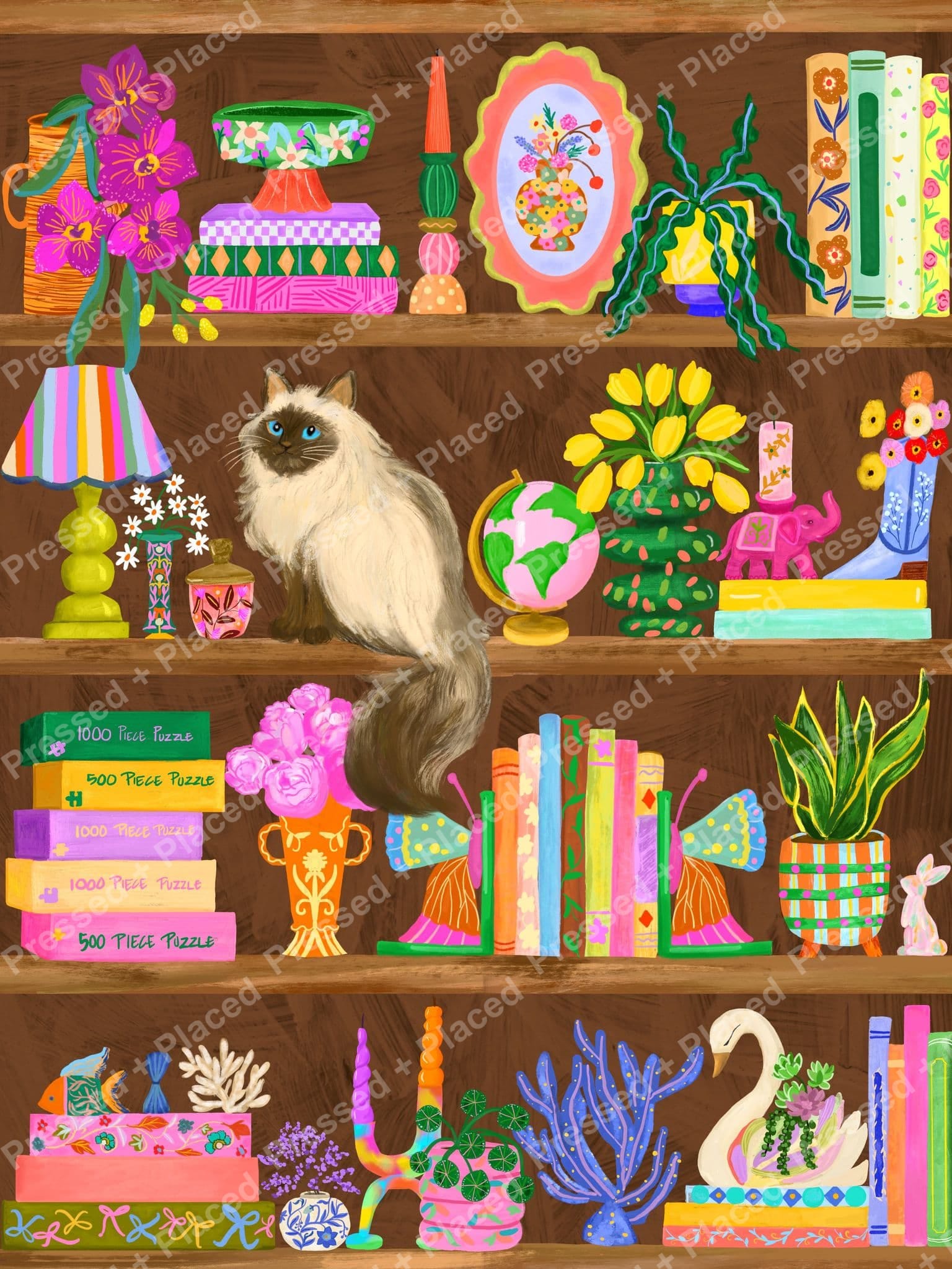 Whimsical bookshelf scene with fluffy cat, colorful books, flowers, and decorative vases