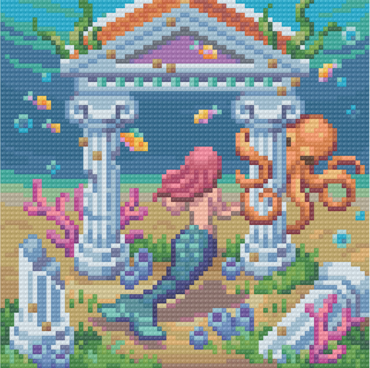 Four ocean-themed diamond painting scenes with octopus, shipwreck, and underwater ruins