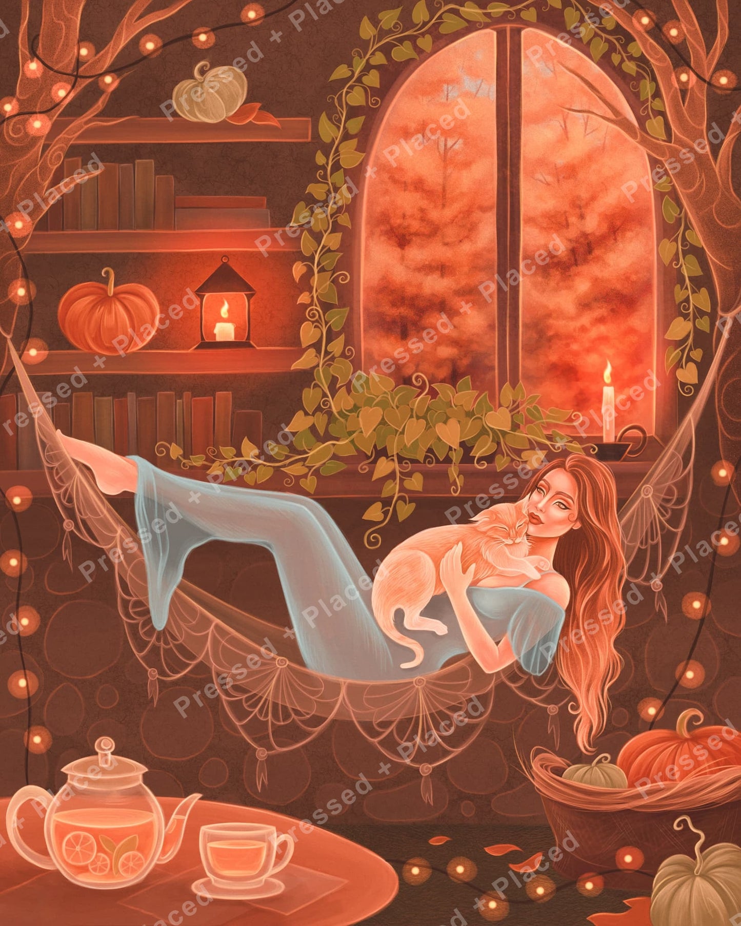 Woman lounging with cat in a cozy autumn room with candles, pumpkins, and warm glowing light