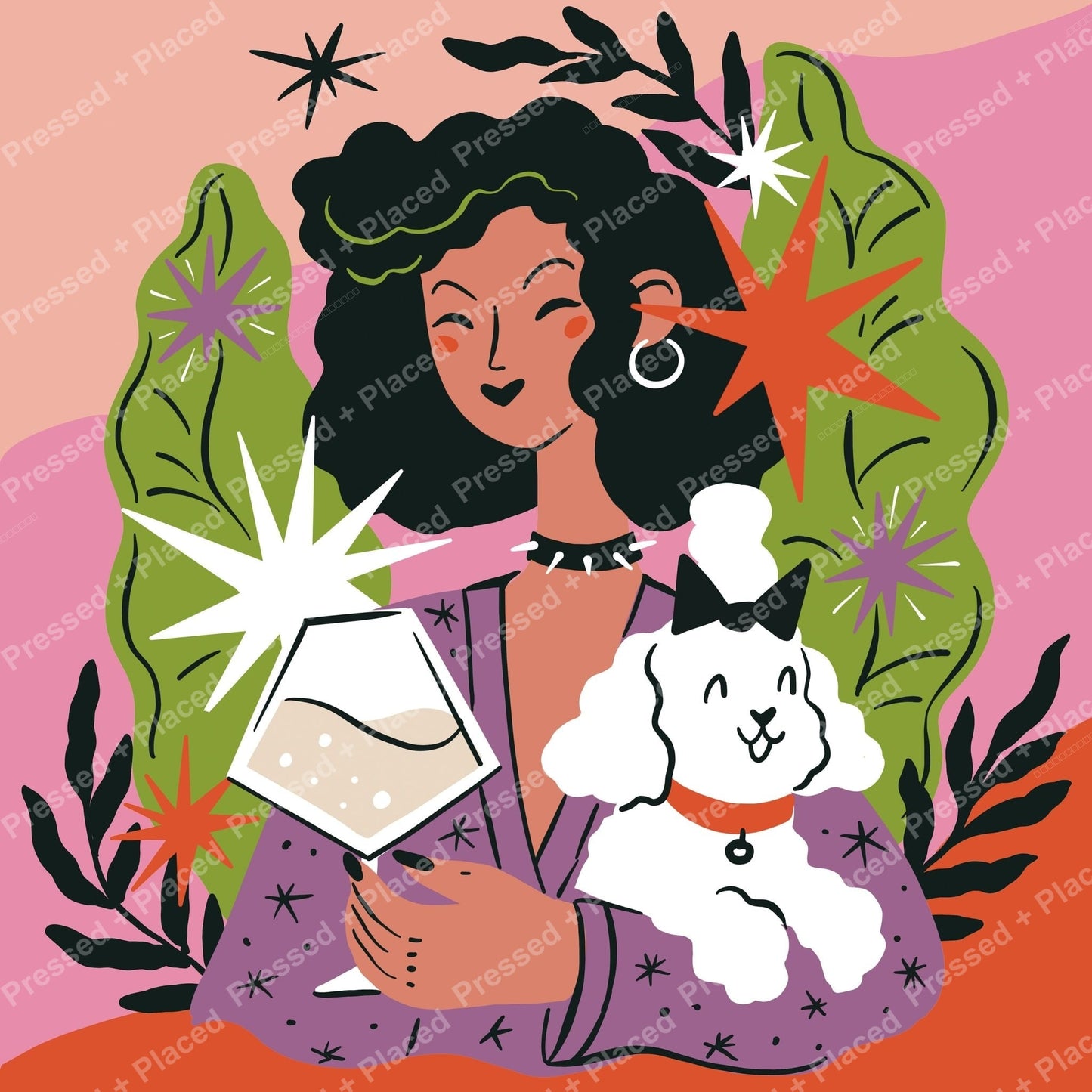 Stylized woman with curly hair holding a fluffy dog, surrounded by bold leaves and starbursts
