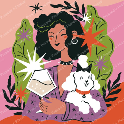 Stylized woman with curly hair holding a fluffy dog, surrounded by bold leaves and starbursts