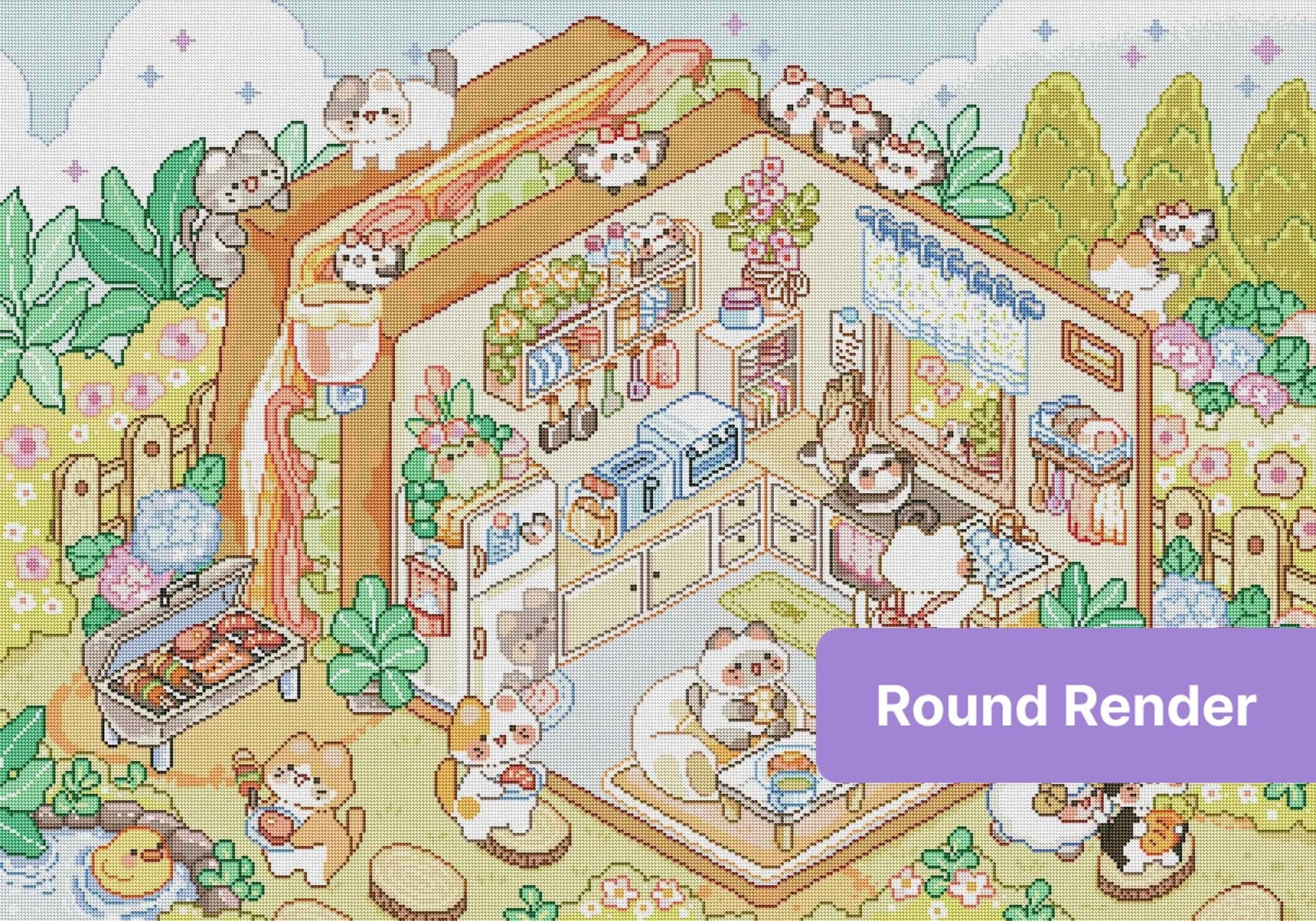 Cute cat cafe cottage with pastel animals, flowers, and a cozy garden kitchen scene
