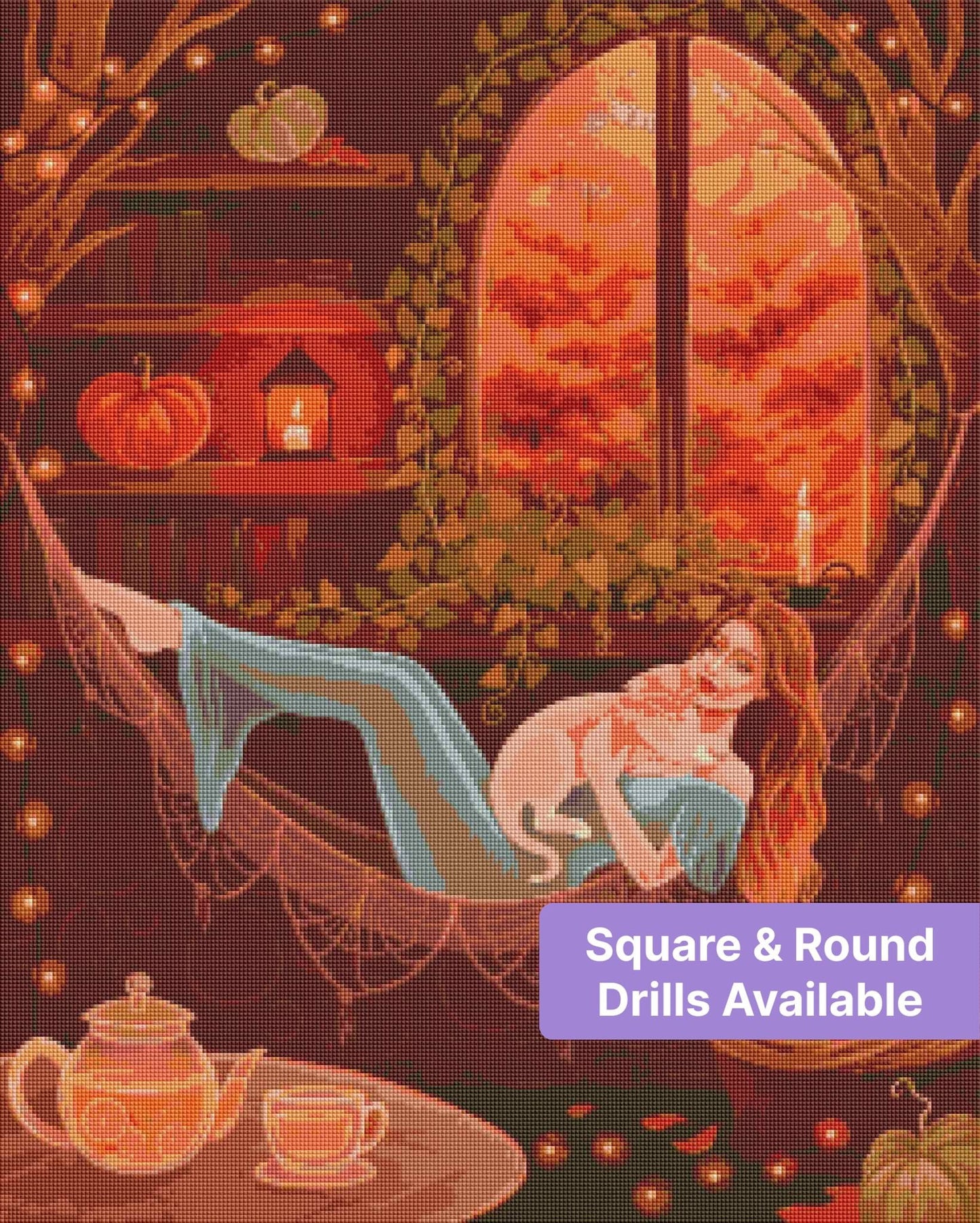 Woman lounging with cat in a cozy autumn room with candles, pumpkins, and warm glowing light