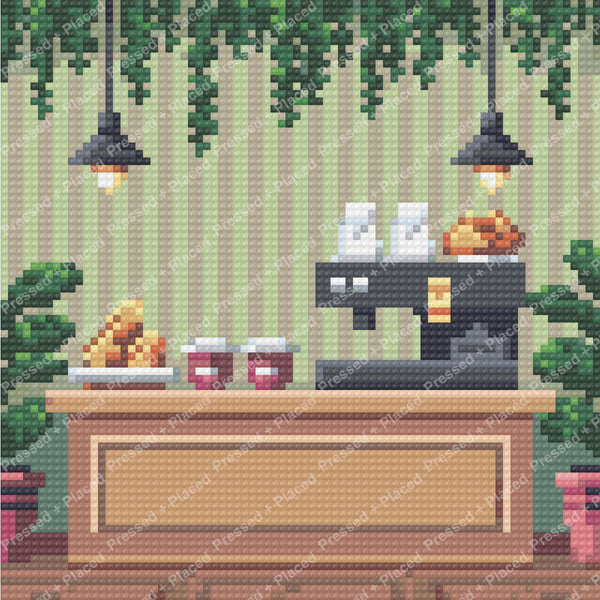 Cozy kitchen interior diamond painting scene with hanging lights, greenery, and rustic decor