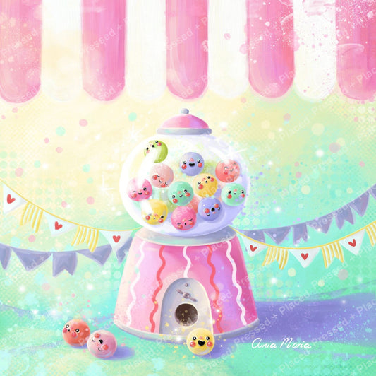 Pastel gumball machine with smiling candy faces and whimsical bunting decor