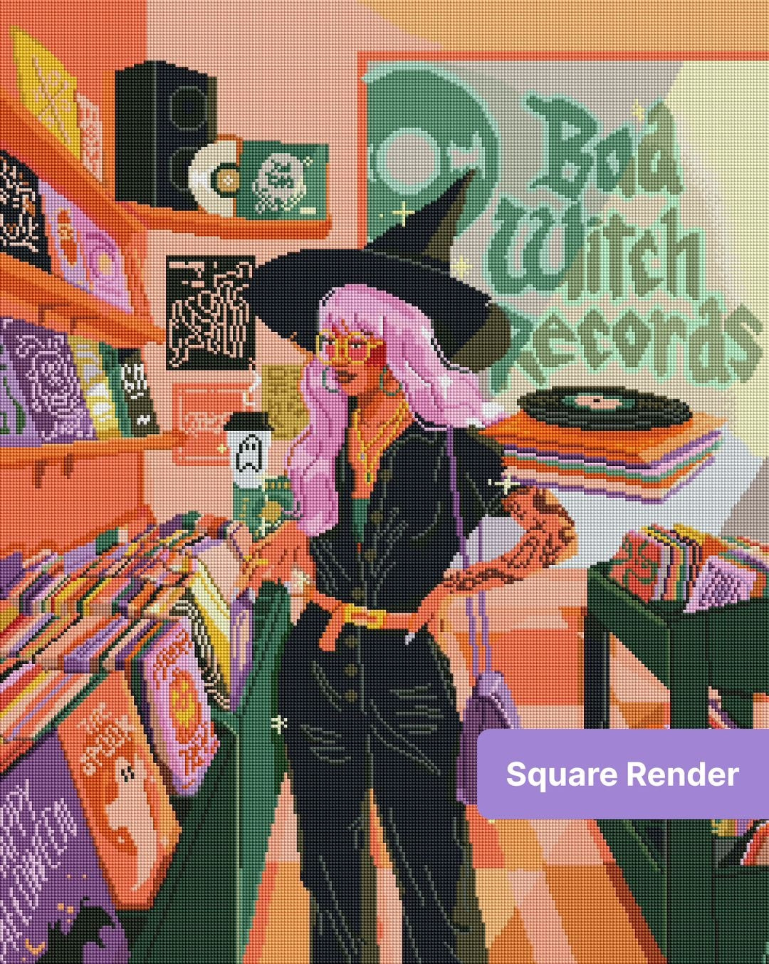 Boho witch in a record shop surrounded by colorful vinyl and posters