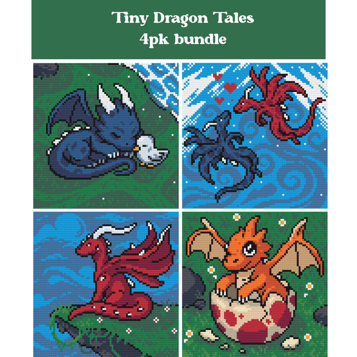 Four pixel-style baby dragon diamond painting designs in colorful fantasy scenes
