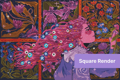 Fantasy girl with flowing pink hair surrounded by vibrant floral panels and ornate purple details