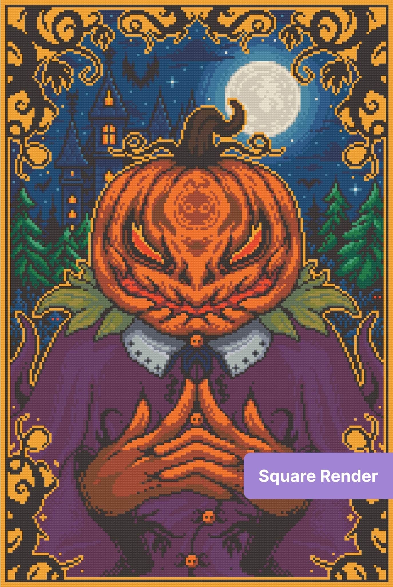 Pixel-style vampire pumpkin in a gothic Halloween scene with moonlight, castle, and gold border