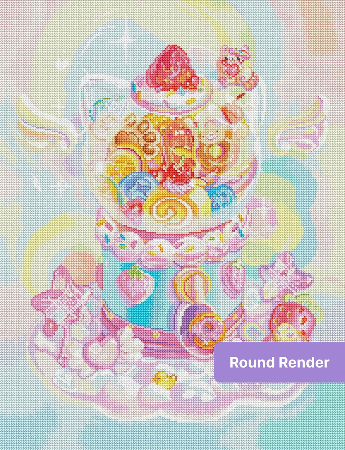 Pastel kawaii candy dessert scene with rainbow accents and cute cartoon details